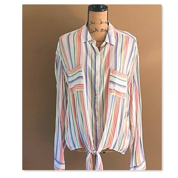 SO Button Down Tie Front Rainbow Stripe Top Sz XXL - Picture 1 of 13